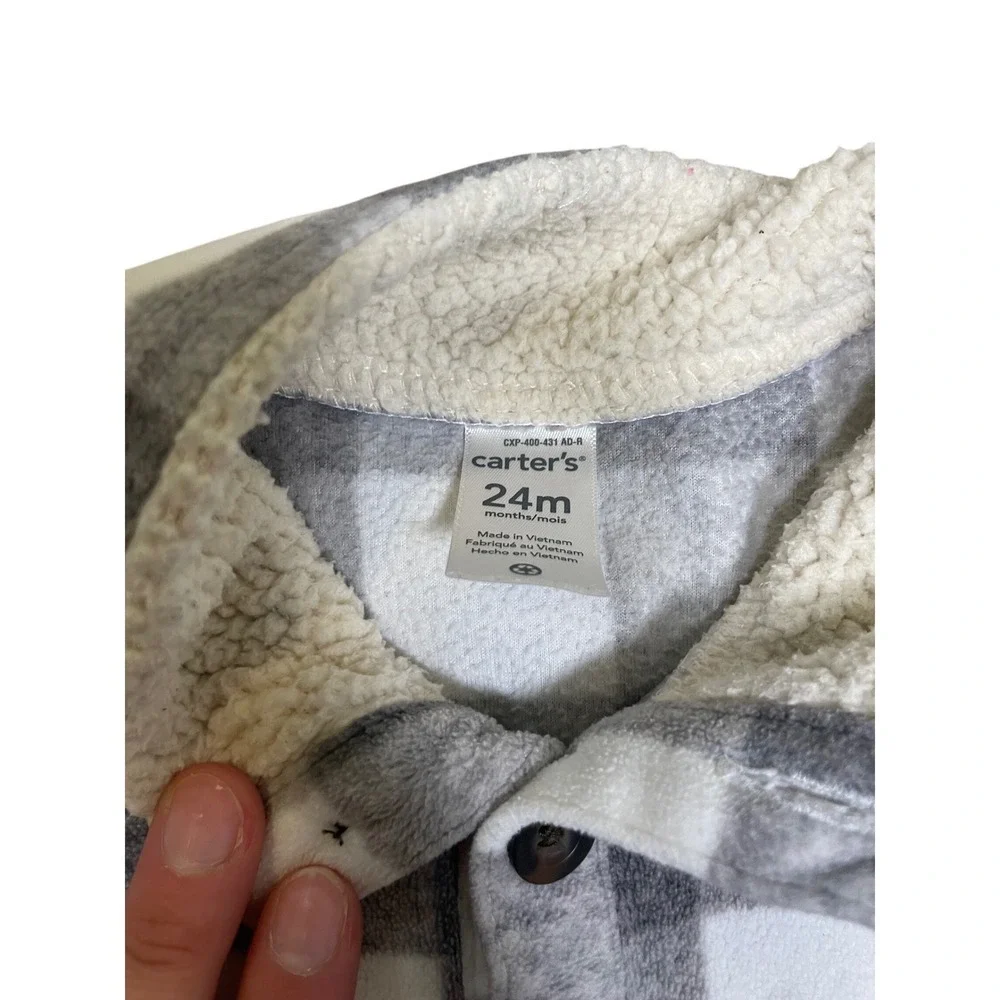 Carters Boys 24M Gray White Buffalo‎ Plaid Sherpa Collar Pullover Top Toddler